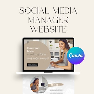 Puede incluir: Una pantalla de ordenador portátil que muestra un sitio web para un administrador de redes sociales. El sitio web tiene un fondo marrón claro con un círculo que contiene el texto "¿Has estado buscando un administrador de redes sociales?" y un botón que dice "Reservar una llamada". El sitio web también tiene un logotipo de Canva en la esquina superior derecha. El portátil está sobre una superficie blanca.