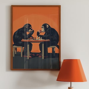 Stampa di scimmie che giocano a scacchi: eccentrica arte murale raffigurante animali