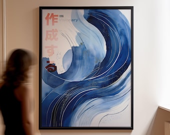 Blue Wave Art Print: Japanese Calligraphy, Red Gold Accents
