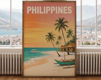 Philippines Vintage Travel Art Print, Coral Pink Orange and Aqua Blue