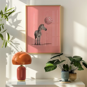 Impresión divertida de globos de cebra: arte de pared infantil rosa y caprichoso