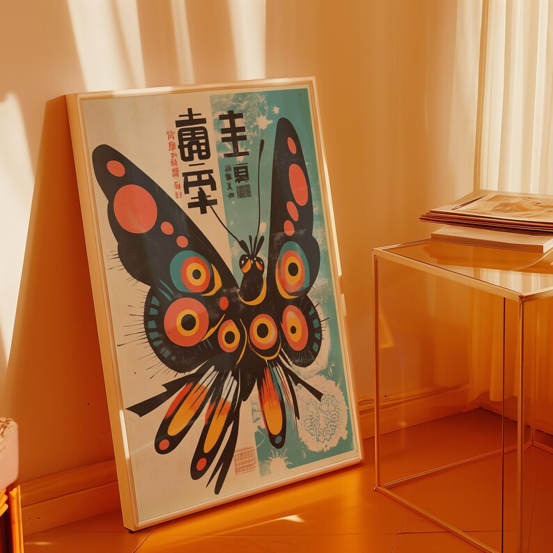 May include: A framed print of a colorful butterfly with large, round eyes. The butterfly is on a blue background with Japanese text that reads "主頁" and "書庫-年卡".