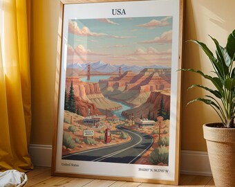 USA Poster Gouache - Teal and Orange, Vintage Travel