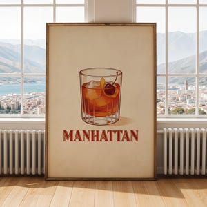 Manhattan Cocktail Art Print - Retro Typographic Layout, Cream Amber Orange Tones, Ruby Cherries