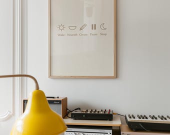 Minimalist Daily Routine Art Print: Wellness Icons, Modern Typography