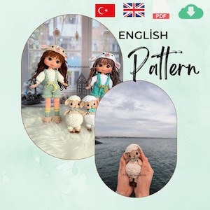 Puede incluir: Patrón de crochet para una muñeca niña y tres corderos. La muñeca lleva un atuendo verde y blanco y tiene el pelo castaño. Los corderos son blancos y tienen ojos negros. El patrón está disponible en inglés y es una descarga PDF.
