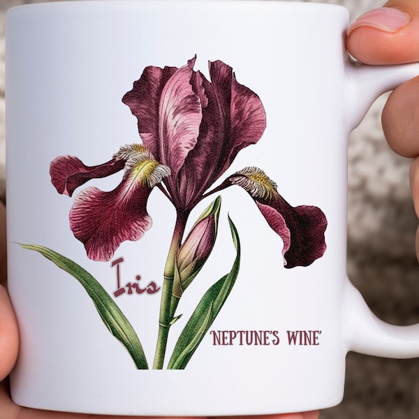 BEAUTIFUL IRIS MUGS, Botanical Mug, Outdoor Adventure Cup, Floral Design, Iris Neptune's Wine, 11 Ounce Ceramic Mugs, Garden Lover Gift Mugs