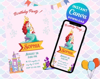 Little Mermaid Birthday Invitation, Ariel Birthday Invites Template, Printable, Editable Instant Download - DIGITAL | Canva Template