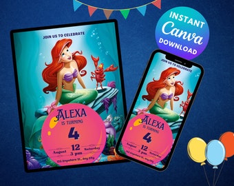 Little Mermaid Birthday Invitation, Ariel Birthday Invites Template, Printable, Editable Instant Download - DIGITAL | Canva Template