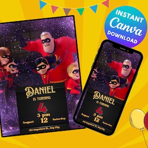 La invitación de cumpleaños de Los Increíbles, plantilla de invitaciones a fiesta de cumpleaños, descarga instantánea imprimible y editable - Plantilla DIGITAL / Canva