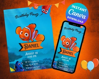 Nemo Birthday Invitation, Birthday Party Invites Template, Printable, Editable Instant Download - DIGITAL | Canva Template