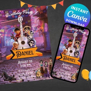 Coco Birthday Invitation, Birthday Party Invites Template, Printable, Editable Instant Download - DIGITAL | Canva Template