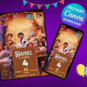 Coco Birthday Invitation, Birthday Party Invites Template, Printable, Editable Instant Download - DIGITAL | Canva Template