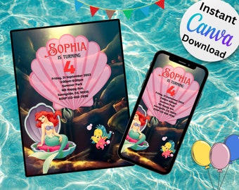 Little Mermaid Birthday Invitation, Ariel Birthday Invites Template, Printable, Editable Instant Download - DIGITAL | Canva Template