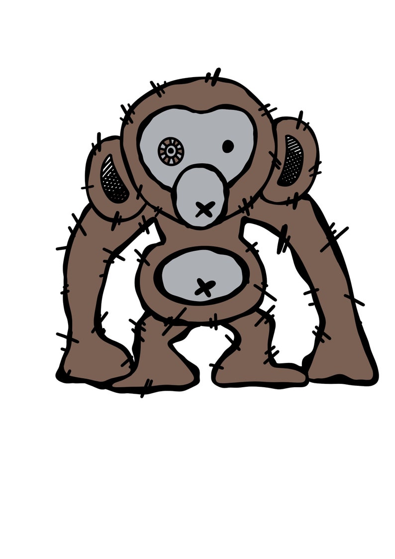 K&ouml;nnte beinhalten: Ein braunes Stofftier-Affe mit einem aufgen&auml;hten Gesicht, einem einzelnen Auge und einem aufgen&auml;hten Mund. Das Spielzeug hat einen braunen K&ouml;rper mit einem aufgen&auml;hten Bauch und Armen. Das Spielzeug hat einen aufgen&auml;hten Schwanz.