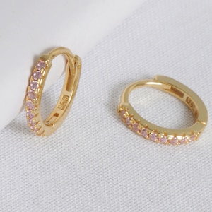 Gold Pink Tourmaline Pave Gemstone Huggies | October Birthstone  hoops | 18K Gold Plated Pink Gemstone hoops | Gold Plated Sterling Silver