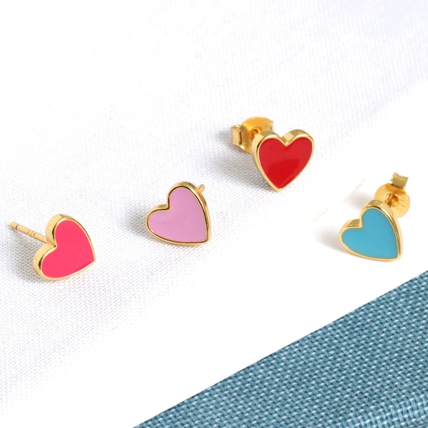 Gold Love Hearts Studs | Gold Enamel Heart Stud earrings | 18K Gold Plated Heart Studs | Gold Plated Sterling Silver | Gold Enamel Studs