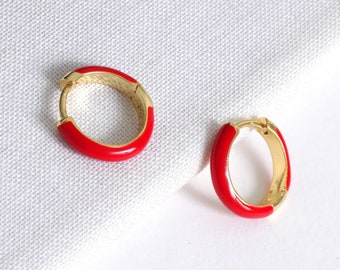 Red Enamel Huggie Hoops: 18k Gold Plated Sterling Silver