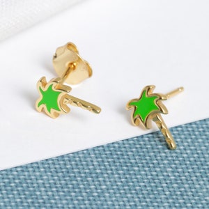 Gold Enamel Palm Tree stud earrings | Palm Tree Studs | 18K Gold Plated Palm Tree Studs | Gold Plated Sterling Silver | Gold Enamel Studs