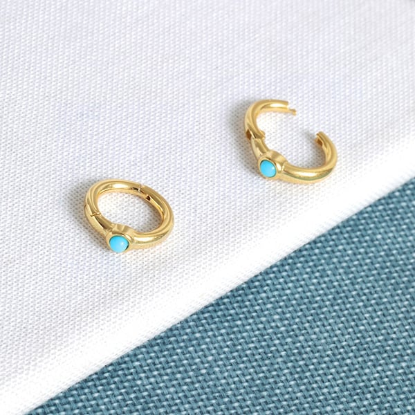 Gold Turquoise Helix Piercing Huggie Hoop Earrings | 18K Gold Plated Turquoise Helix Piercing Huggie Hoop Earrings