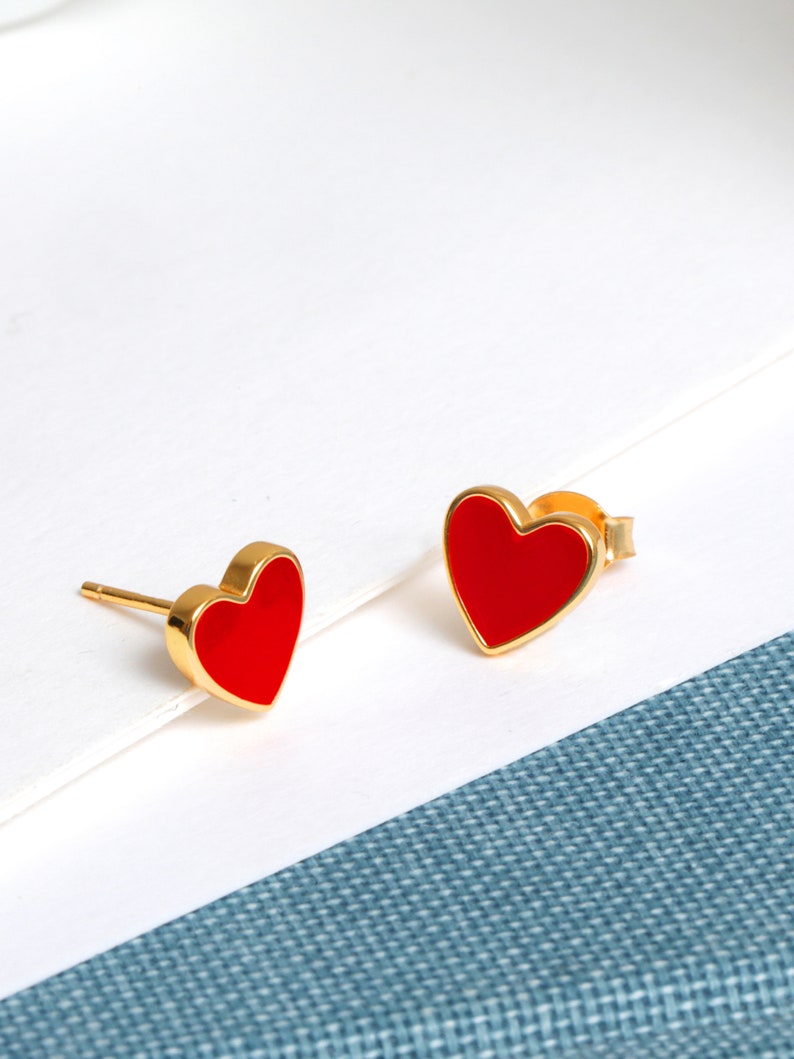 Gold Love Hearts Studs Gold Enamel Heart Stud Earrings 18K Gold Vermeil