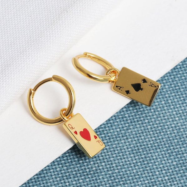 Gold Playing Card Enamel Huggie Hoop Earrings | 18K Gold Plated Playing Card Huggie Hoop Earrings  | Ace of Spades Queen of Hearts