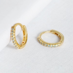 Gold Aquamarine Pave Gemstone Huggies | March Birthstone Earrings | 18K Gold Plated Gemstone Huggie Hoops | Gold Plated Sterling Silver