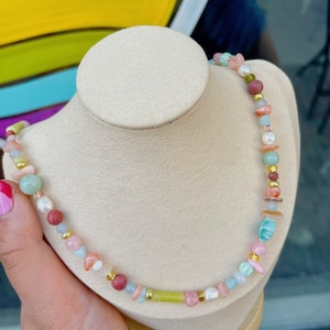 Handmade Pastel Beaded Necklace: Natural Stone, Pearl & Gold Accents