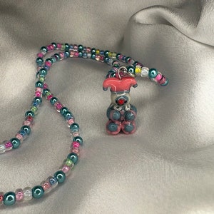 Cute little clown charm beaded necklace- polymerclay, sculpted, clowncore, beads, teal and pink