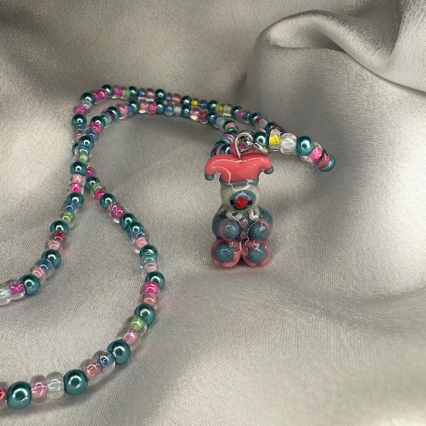 Cute little clown charm beaded necklace- polymerclay, sculpted, clowncore, beads, teal and pink