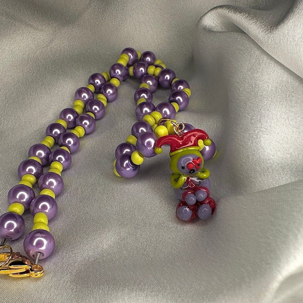 Cute little clown charm beaded necklace- polymerclay, sculpted, clowncore, beads, purple