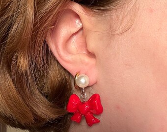 Red and silver pearl bow earrings