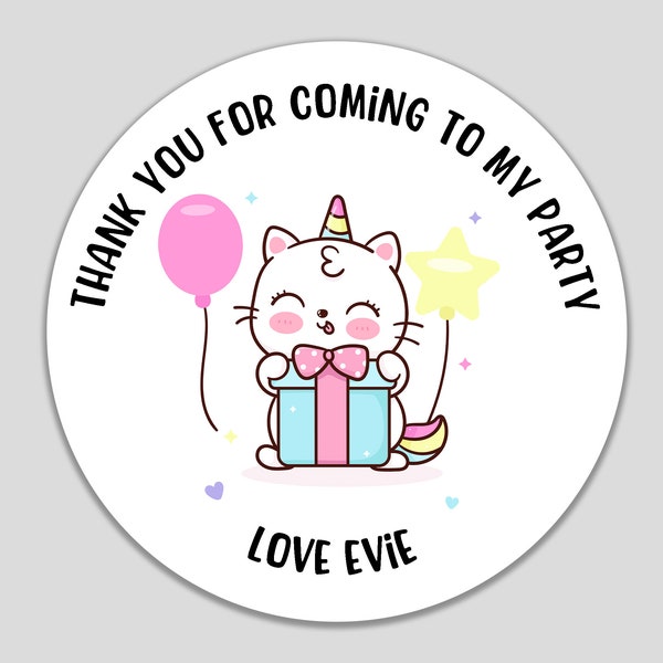 Cute Cat Party Bag Stickers Personalised Thank You Kids Birthday Favour Sweet Treat Bag Decals Labels