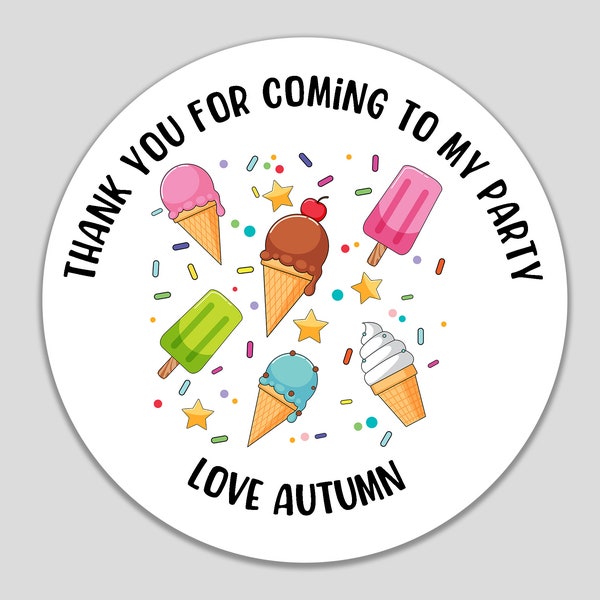 Ice Cream Party Stickers Kids Personalised Favour Sweet Treats Bag Labels