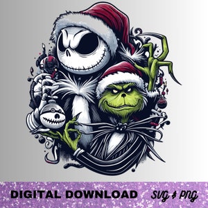 May include: A black and green illustration of Jack Skellington from The Nightmare Before Christmas and the Grinch from How the Grinch Stole Christmas wearing Santa hats.