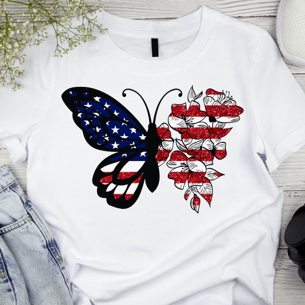 Patriotic American Flag Butterfly Png, 4th Of July, Fourth Of July, America, Independence Day, Floral Butterfly Png, Sublimation Designs.