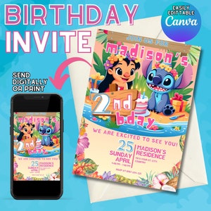 Editable Stich Birthday Invitation Template, Canva Editable Birthday Invitation Lilo And Stich Angel Birthday Party Invitation Birthday Girl