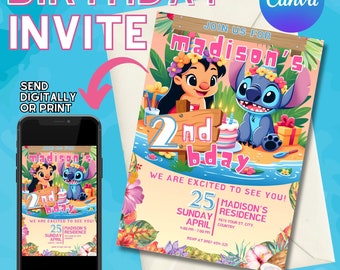 Editable Stich Birthday Invitation Template, Canva Editable Birthday Invitation Lilo And Stich Angel Birthday Party Invitation Birthday Girl