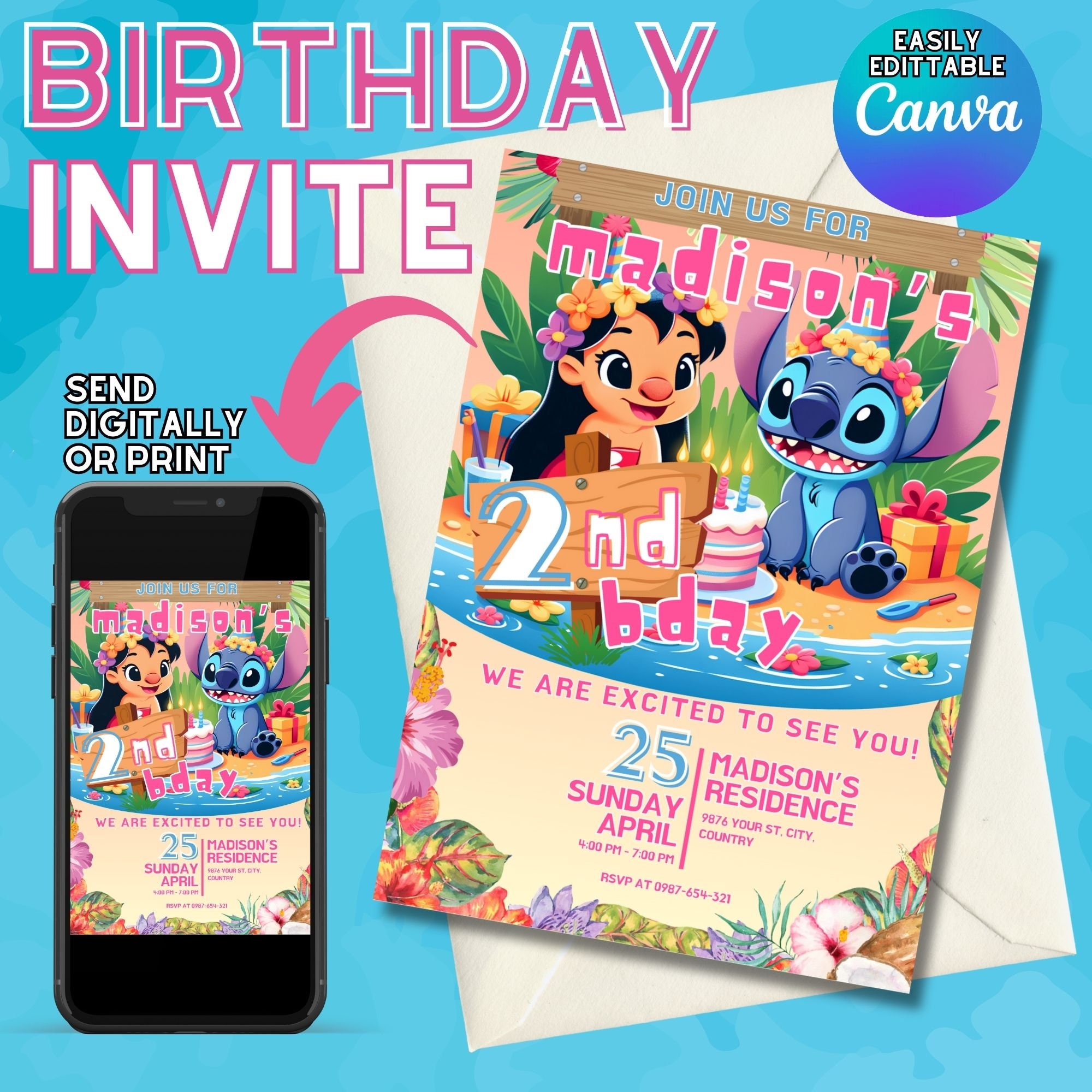Editable Stich Birthday Invitation Template, Canva Editable Birthday Invitation Lilo And Stich Angel Birthday Party Invitation Birthday Girl