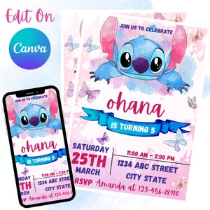 Modèle d'invitation d'anniversaire modifiable Stich, invitations de fête d'anniversaire imprimables, invitation numérique de fête d'enfants, invitation numérique de carte d'anniversaire