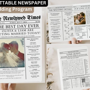 新聞の結婚式プログラム テンプレート、編集可能な結婚式インフォグラフィック、ユニークな結婚式プログラム、印刷可能な結婚式タイムライン、結婚式ワードサーチ。