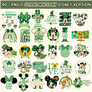 May include: A collection of St. Patrick's Day-themed PNG graphics featuring Disney characters. The designs include Mickey and Minnie Mouse, Goofy, Donald Duck, and Winnie the Pooh, with shamrocks, rainbows, and text like "Happy St. Patrick's Day".
