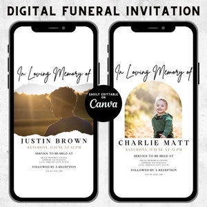 May include: Two digital funeral invitation templates with black borders. The templates feature a white background with black text and a photo of a young boy. The text reads "In Loving Memory of" followed by the boy's name, the date and time of the service, and the location of the service. The text also includes the phrase "Followed by a reception".