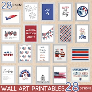 Pacote de decoração de 4 de julho, decoração de 4 de julho, conjunto de 28 artes de parede para impressão, Dia da Independência, impressões de arte de parede patriótica, arte digital.