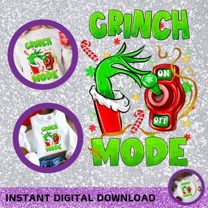 以下が含まれることがあります： 緑色のグリンチの手が、「ON」と「OFF」と書かれたスイッチを切り替えています。「Grinch Mode」という文字が緑色の文字で書かれています。背景はキラキラ光る銀色で、赤と緑のクリスマスの飾り付けがされています。