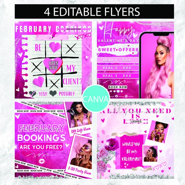 Valentines Day Booking Flyer, February Booking Flyer, February Book Now Flyer, V-Day Specials, Hair Lash Nail Makeup Holiday Booking Flyer.