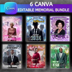 6 Memorial Design Bundle, In Loving Memory, Editable Memorial Photo Template, Editable Canva/Pro Canva, Editable Template, Funeral Design.