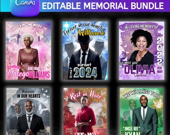 6 Memorial Design Bundle, In Loving Memory, Editable Memorial Photo Template, Editable Canva/Pro Canva, Editable Template, Funeral Design.