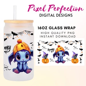 Halloween Kawaii Stich Libby Glass Wrap Png, Halloween Pumpkin Face Svg, Bats, Retro Halloween Png, 16oz Glass Can Wrap, Spooky Season.