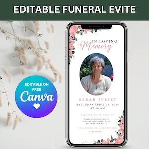 Invitación digital a funeral, celebración de la vida, invitación telefónica, invitación conmemorativa, invitación electrónica editable a funeral, invitación por mensaje de texto.